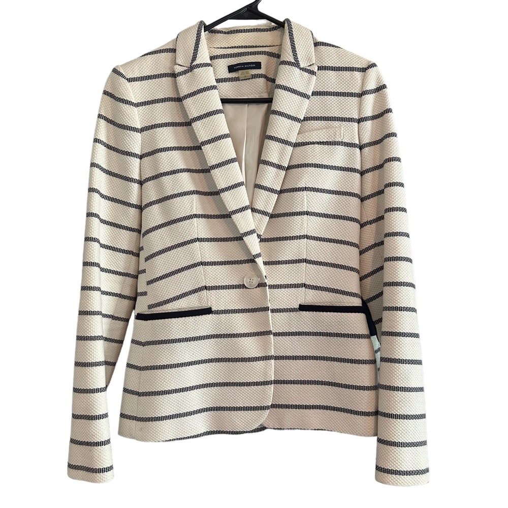 Tommy Hilfiger Women’s Blazer Size 2 White with Navy Stripes Navy Elbow Patches